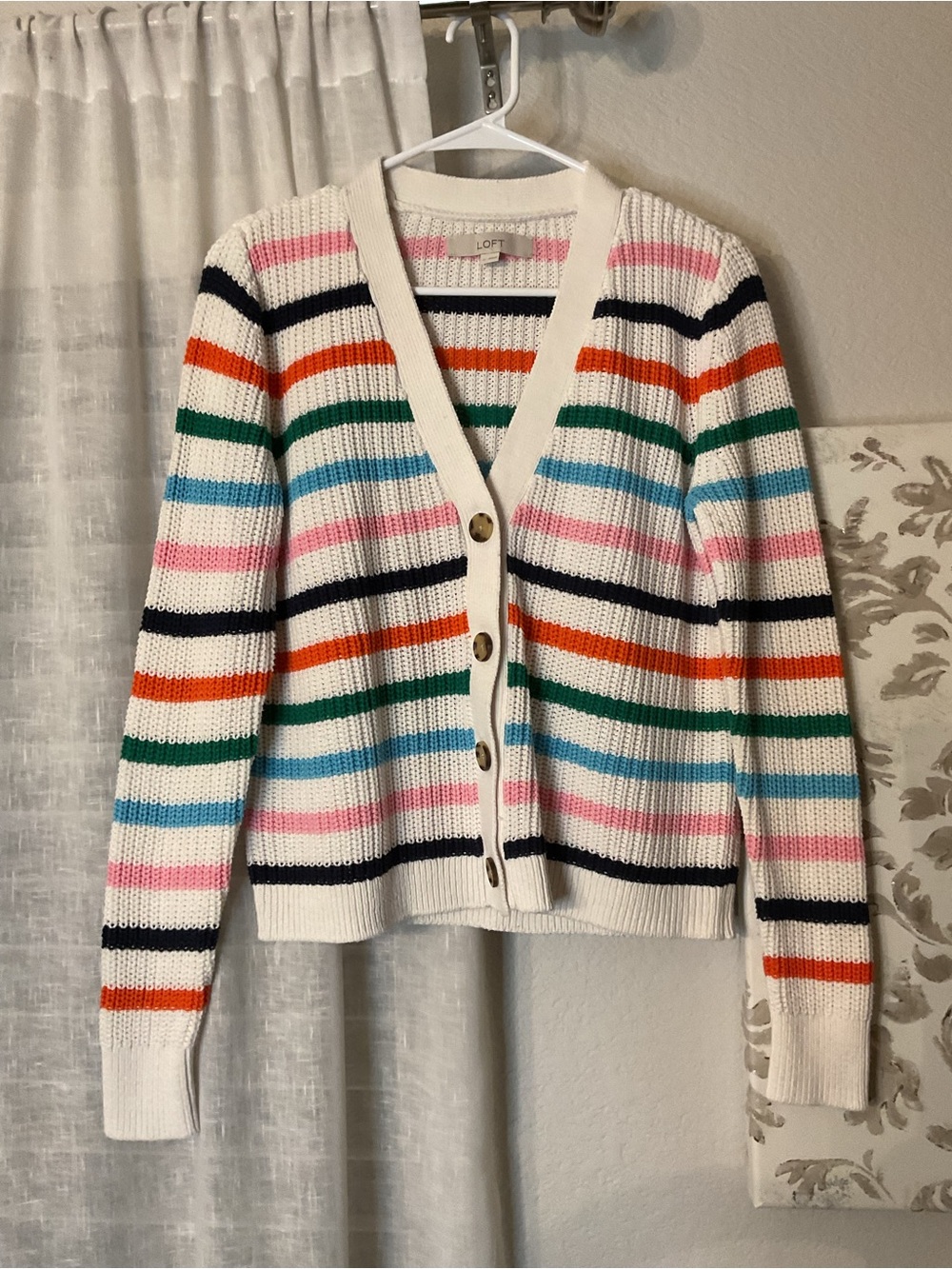 LOFT Cream Ribbed V-Neck Button Cardigan with Multi Stripes